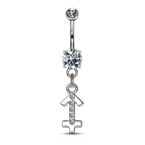 Forbidden Body Jewelry Surgical Steel CZ Jeweled Zodiac Sign Dangle Belly Button Ring - style: Sagittarius
