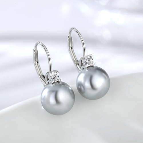 925 Sterling Silver Pearl Leverback Earrings for Women Cubic Zirconia Pearl Jewelry 10MM - color: A: Leverback-Light Gray