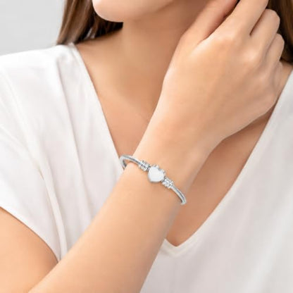 Stainless Steel Heart Charm Snake Chain Bracelet - Adjustable Silver Bangle for Women, Hypoallergenic Waterproof Jewelry Gift for Birthday, Anniversary, Valentine's Day - color: Silver White-C