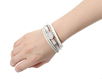 Fesciory Leather Wrap Bracelet for Women, Boho Western Layered Cuff Jewelry | Stackable Bracelets, Easy-On Clasp, Daily Wear, Pairs with Boho Western Outfits, Gift for Women - color: White2
