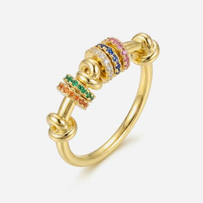 14K Gold Plated Plated Anxiety Spinner Ring for Women,Simulated Diamond CZ Rainbow Fidget Ring, Knot Design Stress Relief Finger Knuckle Ring, Thin Statement Cocktail Promise Ring Jewelry Gift