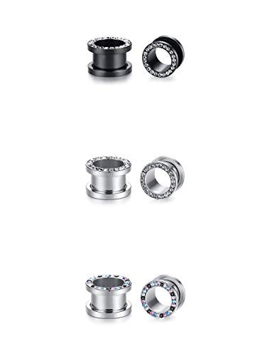 WBRWP Unisex Women 6pcs/8pcs-3pairs/4pairs Hollow Zircon Stainless Steel Screw Ear Plugs Tunnels with ZirconEar Plugs Tunnels - Ear Expander - Ear Gauges Stretcher Body Piercing 8g-5/8 - color: 3pairs(6pcs) set with Zircon