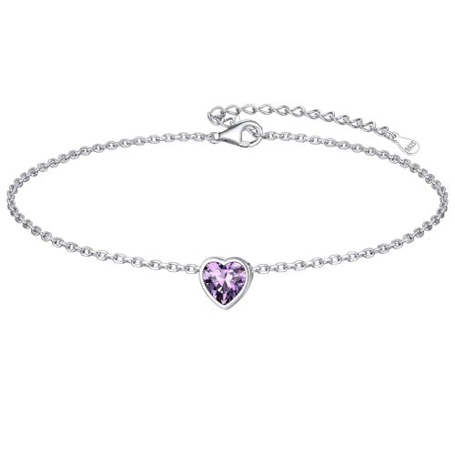 ChicSilver 925 Sterling Silver Anklets for Women, Simple Dainty Round/Heart Birthstone Ankle Bracelet Beach Foot Jewelry, 8.7-10.7 Inch Adjustable - color: 02. Heart - February(Amethyst)