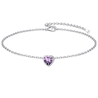 ChicSilver 925 Sterling Silver Anklets for Women, Simple Dainty Round/Heart Birthstone Ankle Bracelet Beach Foot Jewelry, 8.7-10.7 Inch Adjustable - color: 02. Heart - February(Amethyst)