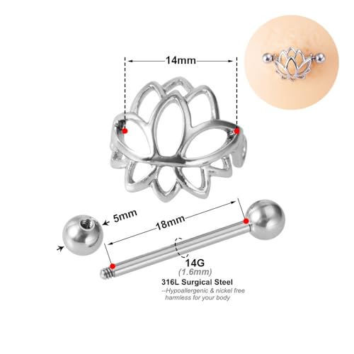 14G Stainless Steel Lotus Nipple Rings for Women Silver Black Colorful Flower Floral Nipple Shield Ring Straight Bar Nipplerings Nipple Barbell Body Piercing Jewelry - color: Silver