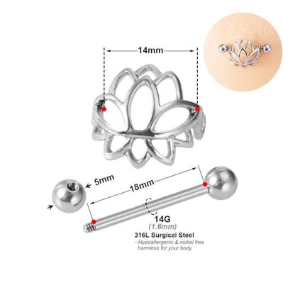 14G Stainless Steel Lotus Nipple Rings for Women Silver Black Colorful Flower Floral Nipple Shield Ring Straight Bar Nipplerings Nipple Barbell Body Piercing Jewelry - color: Black