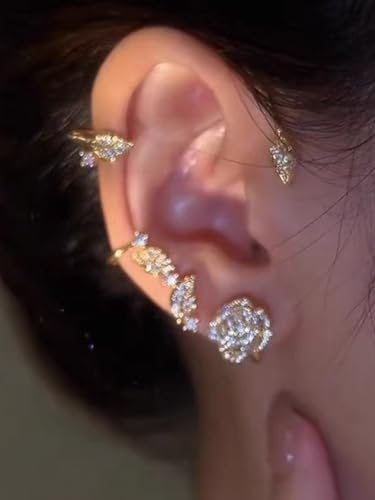 2PCS Flower Tassel Zircon Earrings Ear Cuffs No Piercing Flower Climber Wrap Around Earrings Pearl Drop Earrings for Women Fairy Ear Clip Dainty Wedding Earrings for Brides - color: Style 1 - Gold