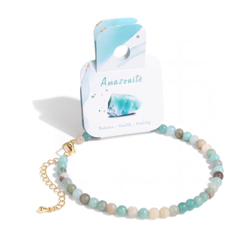 Natural Stone Beaded Anklets for Women, Handmade Boho Clear Quartz 4mm Crystal Beads Anklet, Gold Chain Adjustable Ankles Bracelet, Beach Summer Jewelry Gemstone Foot Bracelet Gift - color: Amazonite