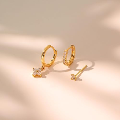 3 Pairs Earring Stacks, Gold Earring Set Jewelry Gift for Women | Small, 14K Gold/White Gold/Black/Rose Gold Plated, Hypoallergenic, Her, Everday, Stackable, Simple, 3 Holes - color: Gold-Four Leaf