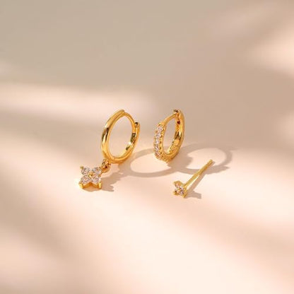 3 Pairs Earring Stacks, Gold Earring Set Jewelry Gift for Women | Small, 14K Gold/White Gold/Black/Rose Gold Plated, Hypoallergenic, Her, Everday, Stackable, Simple, 3 Holes - color: Gold-Four Leaf
