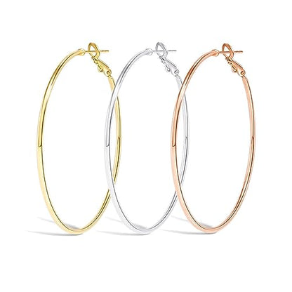 Cocadant Big Gold Hoop Earrings for Women Girls,Dainty 14k Gold Hypoallergenic Rose Gold Silver Hoop Earrings with 925 Sterling Silver Post,Stainless Steel Large Hoop Earrings - style: 50mm-Gold,Silver and Rose gold