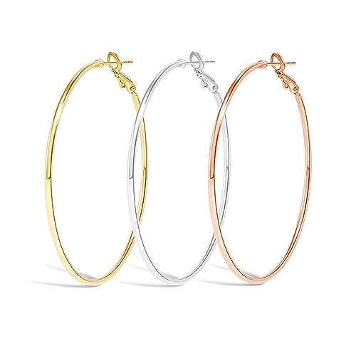 Cocadant Big Gold Hoop Earrings for Women Girls,Dainty 14k Gold Hypoallergenic Rose Gold Silver Hoop Earrings with 925 Sterling Silver Post,Stainless Steel Large Hoop Earrings - style: 50mm-Gold,Silver and Rose gold