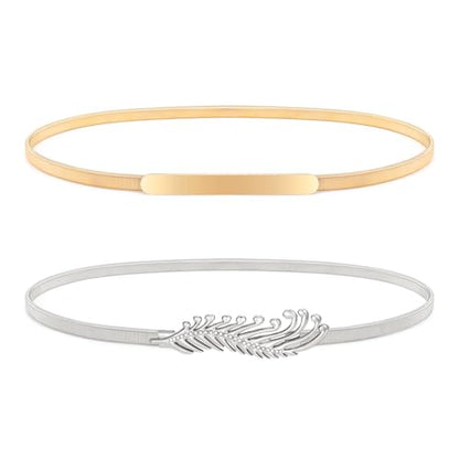 XZQTIVE 2 Pieces Women Skinny Metal Chain Waist Belt Stretchy Saree Cinch Belt for Dress Gold Sliver - color: 10 Gold, size: Fit waist 38-41 in