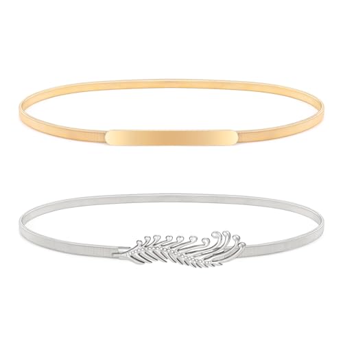 XZQTIVE 2 Pieces Women Skinny Metal Chain Waist Belt Stretchy Saree Cinch Belt for Dress Gold Sliver - color: 10 Gold, size: Fit waist 26-29 in
