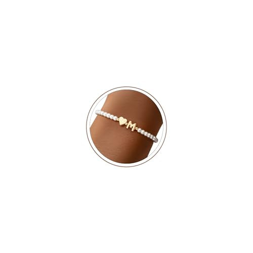 M MOOHAM Pearl Initial Bracelets for Teen Girls, Heart Letter A-Z Bracelets | 14K Gold Plated Heart Letter Bracelet, Dainty Stretch Pearl Initial Bracelet, 6-14 Year Old Girl Birthday Gifts for Teen Girl - color: M