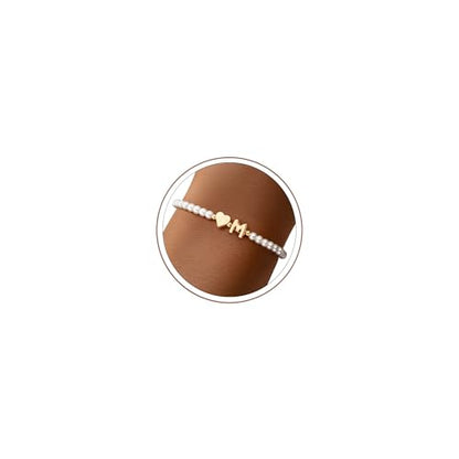 M MOOHAM Pearl Initial Bracelets for Teen Girls, Heart Letter A-Z Bracelets | 14K Gold Plated Heart Letter Bracelet, Dainty Stretch Pearl Initial Bracelet, 6-14 Year Old Girl Birthday Gifts for Teen Girl - color: M