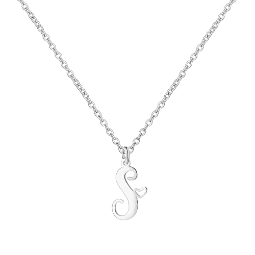 Gold Heart Initial Necklaces for Women, Minimalist Initial Heart Necklaces for Her, Dainty Alphabet Letter Pendant Necklaces Gift Jewelry - color: Silver, style: S