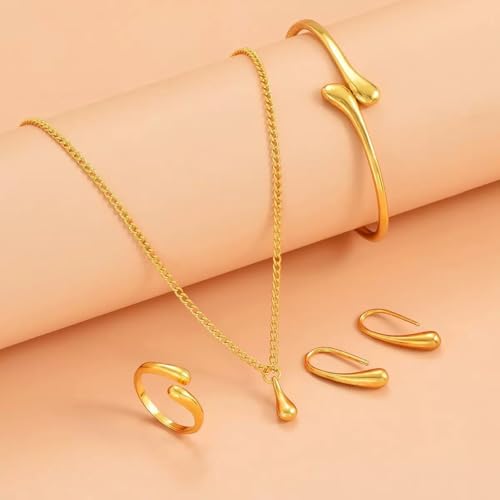 QiaTsed Women's Jewelry Set Gold Teardrop Jewelry Set Statement Elegance Jewelry with Necklace Bracelet Ring Earrings Ideal Jewelry Gift for Women - color: Gold
