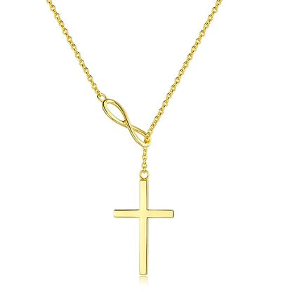 FANCIME White Gold Plated 925 Sterling Silver High Polished Infinity Cross Pendant Lariat Necklace Y Necklace Gift for Women, 18" - color: Y cross-gold