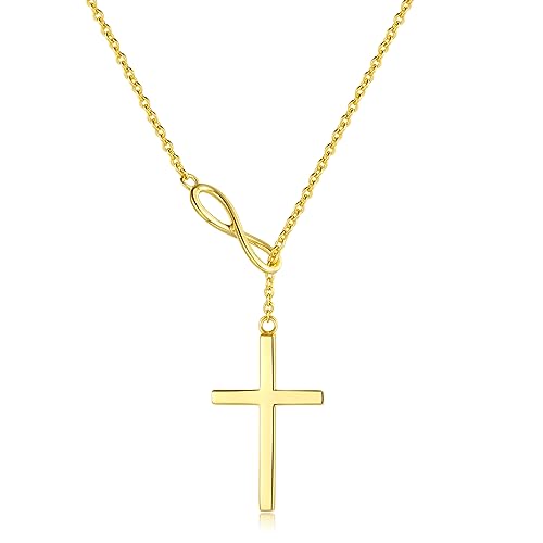 FANCIME White Gold Plated 925 Sterling Silver High Polished Infinity Cross Pendant Lariat Necklace Y Necklace Gift for Women, 18" - color: Y cross-gold
