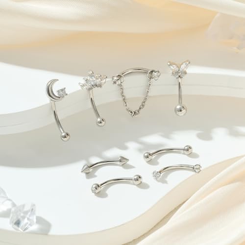 FECTAS 16G 8PCS Rook Piercing Jewelry Eyebrow Rings for Women Rook Earrings Tragus Daith Cartilage Lip Belly Surface Curved Barbell Piercing Jewelry 10mm 8mm - style: style1-10mm