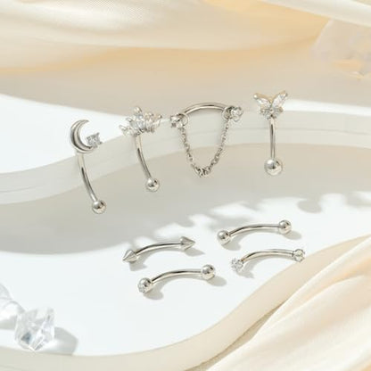 FECTAS 16G 8PCS Rook Piercing Jewelry Eyebrow Rings for Women Rook Earrings Tragus Daith Cartilage Lip Belly Surface Curved Barbell Piercing Jewelry 10mm 8mm - style: style1-10mm