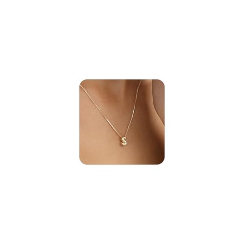 14K Gold Plated Bubble Letter Necklace, Tarnish Free and Waterproof Dainty Initial Necklace for Women, Trendy Personalized Gold Jewelry Gift for Her - color: Gold, style: S