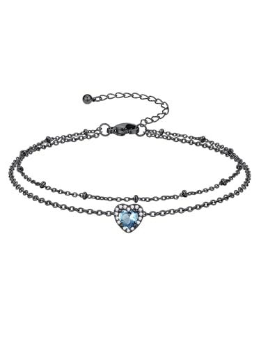 Richsteel Double Layer Heart/Butterfly Birthstone Anklet for Women | Non Tarnish Waterproof, Silver/Gold/Black Stainless Steel 8.5-10.5 Inch Adjustable Chain Anklets Summer Beach Foot Jewelry - color: Black Heart-03 Mar.(Aquamarine)