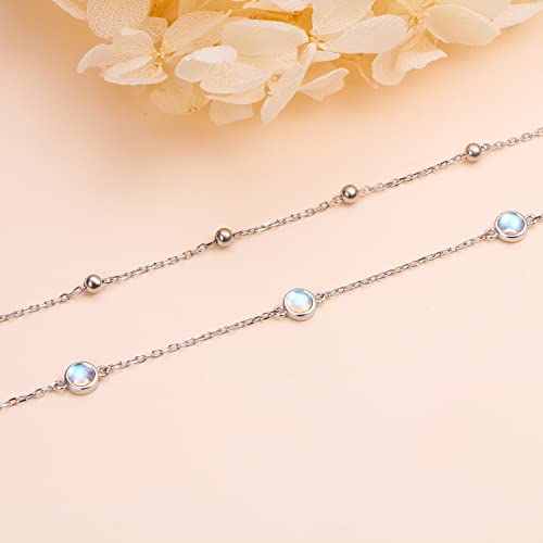 Flyow Anklet for Women S925 Sterling Silver Adjustable Foot Beaded Heart Charm Ankle Bracelet Anklets Jewelry - style: moonstone