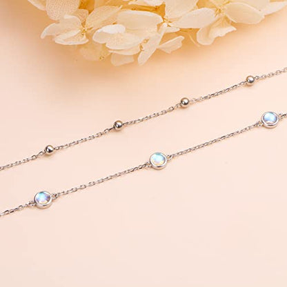 Flyow Anklet for Women S925 Sterling Silver Adjustable Foot Beaded Heart Charm Ankle Bracelet Anklets Jewelry - style: moonstone