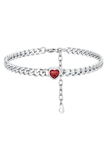 ChainsHouse Cuban Chain Anklets for Women with Heart Birthstone Jan - Dec | Stainless Steel Black Link Chain Ankle Bracelet with Birthstone, Beach Women Anklet 22cm-27cm Adjustable, with Gift Box - color: 01. Jan.-Red Garnet-Steel