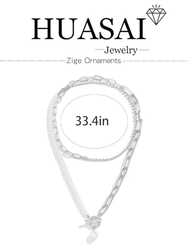 HUASAI Boho Necklaces for Women Dainty Layered Choker Necklace Bohemian Turquoise Necklace Statement Jewelry Western Cowgirl Country Concert Outfits Accessories - color: B Silver Paperclip Chain Pearl Necklace