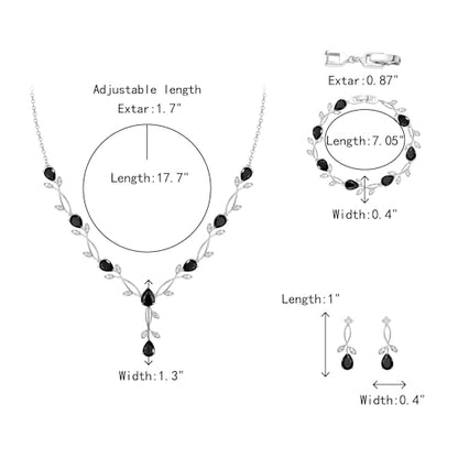 Crysdue Wedding Jewelry Set for Brides Bridesmaid, Cubic Zirconia Teardrop Marquise Leaf Cluster Pendant Necklace Bridal Tennis Bracelet Drop Earrings for Women Party Prom - style: A- CZ set-black, silver
