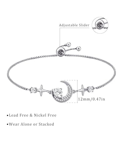 Silver Moon and Star Bracelet for Women Cubic Zirconia Adjustable Link Bracelet Celestial Charm Jewelry Gift for Her