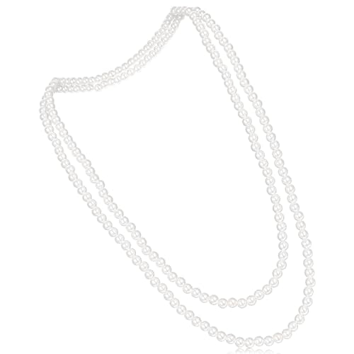59" Long Pearl Necklace, Vintage Elegant Long Pearls Necklace Fashion Faux Pearls Pendants 1920s Gatsby Costume Jewelry White Faux Pearls Strand Beads for Women Wedding Party