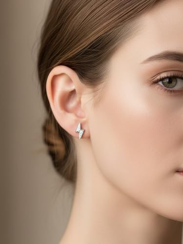 All Moissanites Sparkly Geometric Stud Earrings for Women, Solid 925 Sterling Silver with Rhodium/Gold Plated Hypoallergenic, Lightweight Comfy Earrings - color: Lightning - White Gold