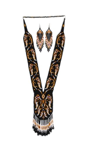 Long Beaded Necklace – Boho Native Handmade Seed Bead Tassel Necklace, Bohemian Large Statement Beaded Necklace for Women - color: Black-Light Orange