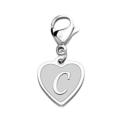 FAADBUK Initial Letter A-Z Alphabet Heart Charms for Jewelry Bracelet Keychain Necklace Initial Stainless steel Clasp Clip on Charm - color: intial C