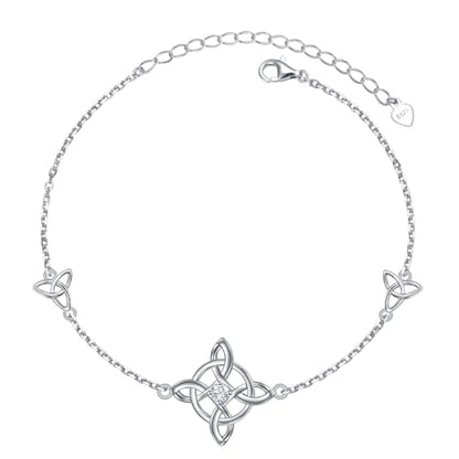 FLYOW 925 Sterling Silver Good Luck Irish Jewelry Triquetra Trinity Celtic Witches Knot Bracelet for Women - color: Silver - Cubic Zirconia