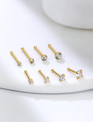 18G 20G 22G Round Cubic Zirconia Nose Rings Studs for Women Men 316L Stainless Surgical Steel Nose Ring Stud Piercing Jewelry Silver Gold Clear CZ 1.5mm 2mm 2.5mm 3mm - style: 22G Straight Gold