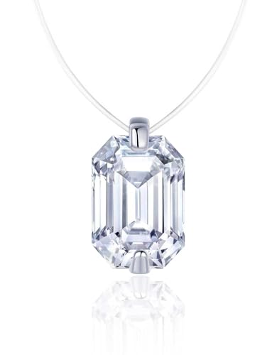 Teardrop 925 Silver CZ Floating Pendant Necklace 16 Inch Cubic Zirconia Invisible Necklace, Hypoallergenic, Jewelry Gifts for Women Anniversary Birthday - color: Emerald Square-Shaped