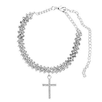 Cross Ankle Bracelet for Women Double Layer Crystal Tennis Chain Anklets Bling Cross Anklets Boho Summer Beach Foot Bracelet - color: silver