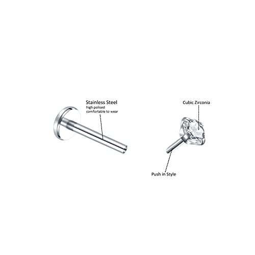 Oveta Threadless Push in Lip Rings 16G/18G/20G Labret Jewelry CZ Lip Studs Stainless Steel Cartilage Earrings for Women Monroe Medusa Piercing Jewelry 6/7/8/10/12mm Bar Length - color: Silver, size: 18G*8mm bar*1.5/2/2.5/3mm cz