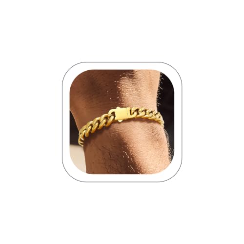 Bandmax Mens Hip Hop Cuban Link Bracelets 5/7/9/12MM Stainless Steel Miami Curb Chain Bracelet Silver/Gold Plated/Black Wristlet Chains for Men 7"-9" - color: 09 9MM-Gold