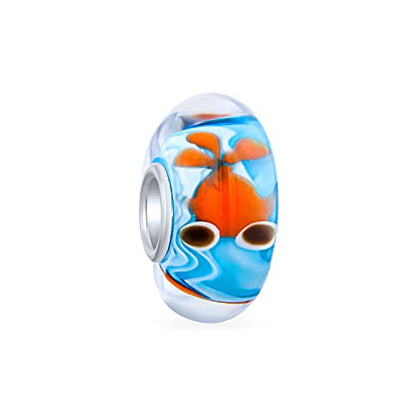 Bling Jewelry .925 Sterling Silver Travel Beach Tropical Happy Sand Blue Enamel Starfish & Nautical Fish Bowl Gold Murano Glass Spacer Bead Charm for Bracelet (Set of 3)