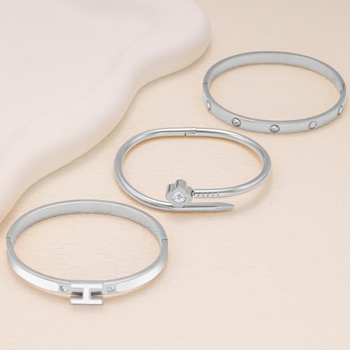 3Pcs Gold Bracelets for Women 14K Gold Plated Love/H/Nail Bangle Bracelet Dainty Non Tarnish Bracelet Jewelry Christmas Mothers Day Gifts for Women - color: 3Pcs Silver/White H bracelet