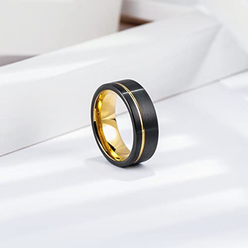 King Will Mens Tungsten Carbide Wedding Band with Groove Design | 6/7/8mm Width, Grooved, Comfort Fit, Everyday Wear - color: Black&Gold-8mm