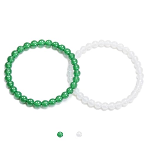 2PCS Agate Bracelet for Women Men Natural Round Beaded Agates Stone Healing Stretch Bracelets Elastic Handmade Polished Gemstone Beads Bracelet - color: White+Green, size: 6mm Beads