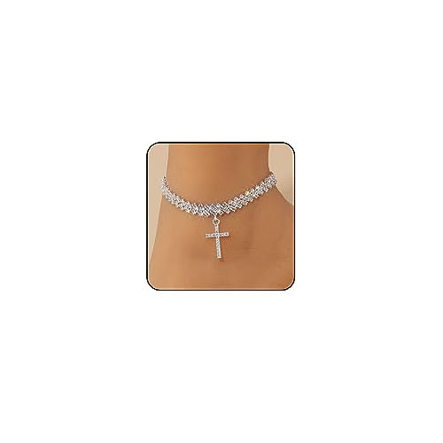 Sora Tuki Ankle Bracelets for Women Tennis Rhinestone Anklets for Women Butterfly Heart Star Cross Anklet Bracelet for Women Plus Size Anklet Bracelets for Big Ankle Beach Foot Jewelry - style: 4 - cross