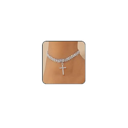 Sora Tuki Ankle Bracelets for Women Tennis Rhinestone Anklets for Women Butterfly Heart Star Cross Anklet Bracelet for Women Plus Size Anklet Bracelets for Big Ankle Beach Foot Jewelry - style: 4 - cross